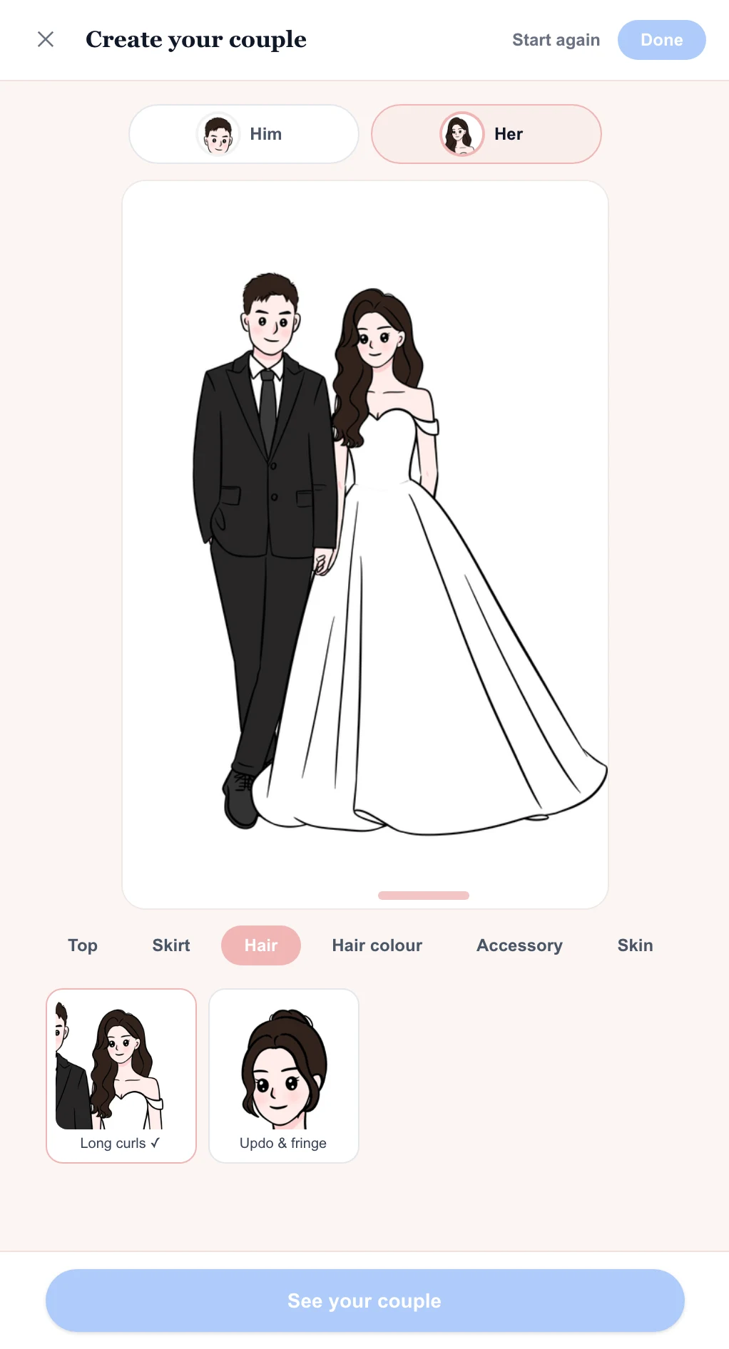 The Couple Creator with the hair options open, showing a couple being personalised