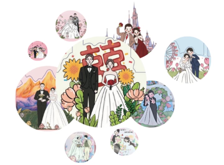 A collage of custom couple illustrations, each with a different pose, outfit and setting